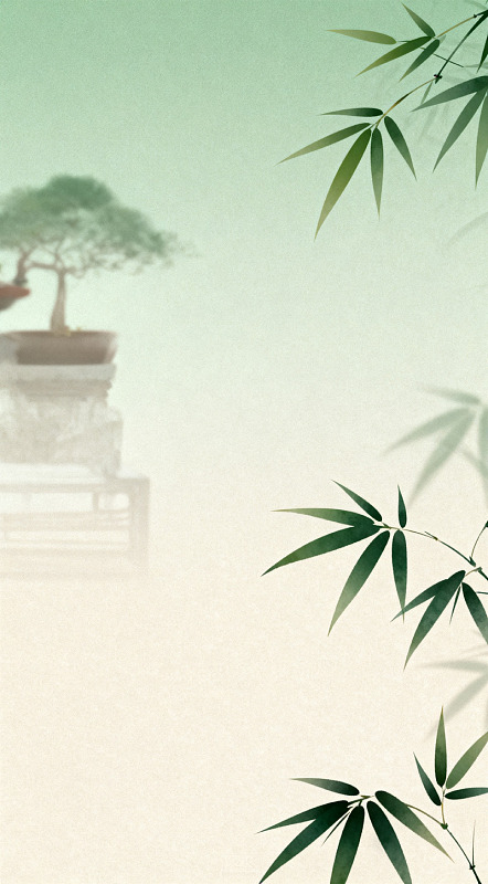 禅意竹叶盆栽水墨画