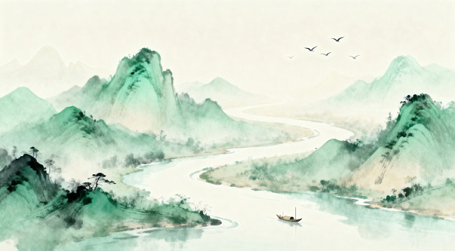 水墨山水画江河小舟
