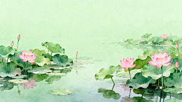 水彩荷花池塘风景画