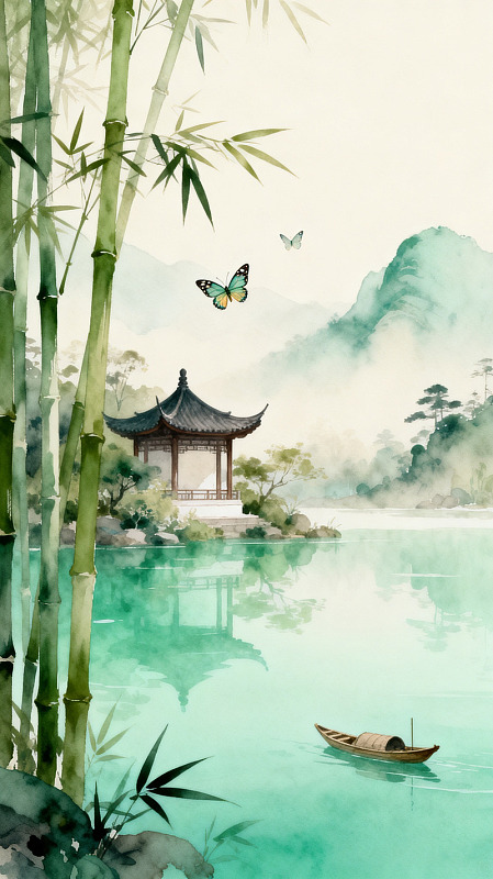 水墨山水亭阁蝴蝶湖面