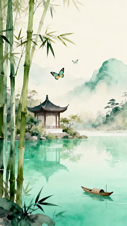 水墨山水亭阁蝴蝶湖面