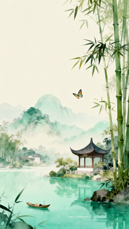 水墨竹林山水亭阁风景画