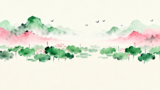 水墨风荷花山水国画
