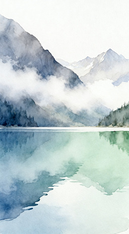 水彩山水画静谧湖面