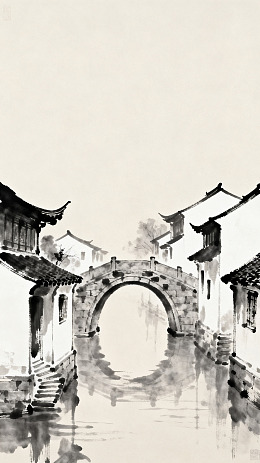 水墨江南古镇石桥风景画