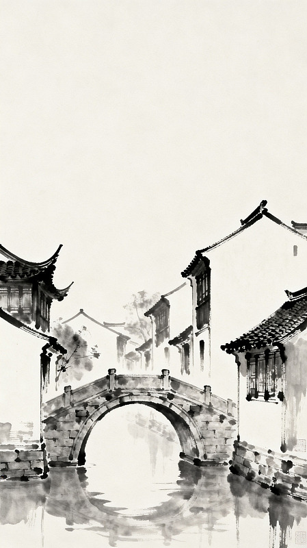 水墨江南古镇石桥风景画
