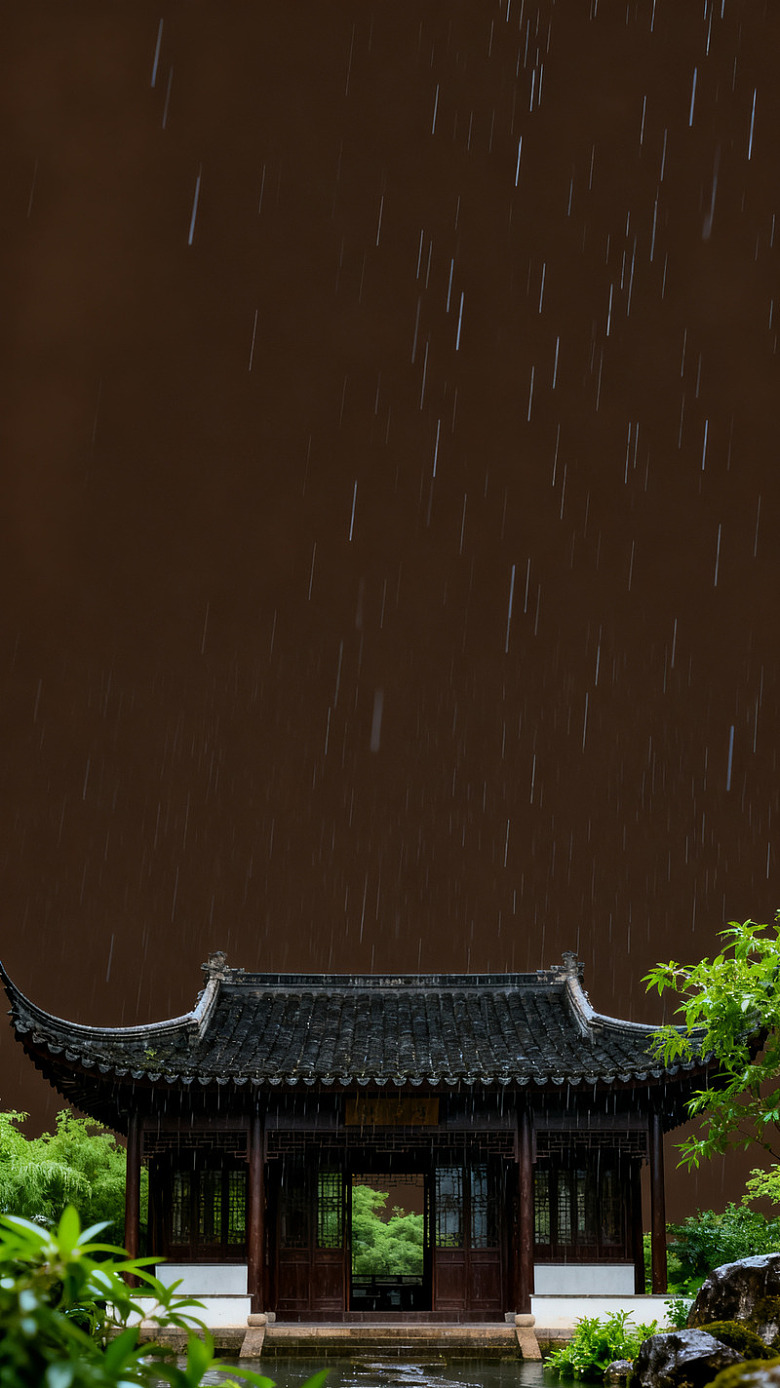 雨中江南古亭风景