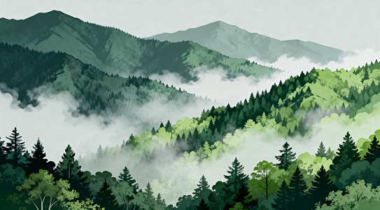 水彩山林云雾风景画