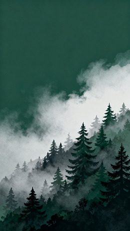 雾中山林水彩画