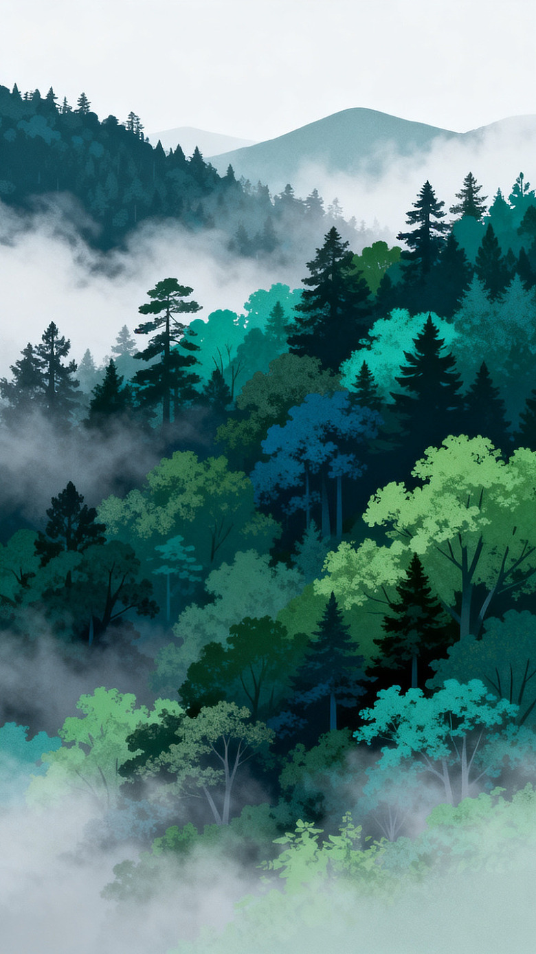 水彩山林云雾风景插画