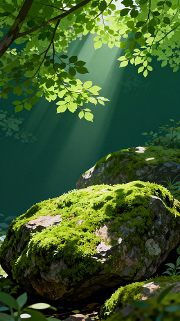 森林光影苔藓岩石美景