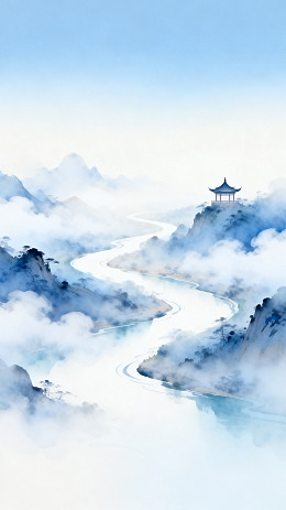 水墨山水亭台楼阁风景画