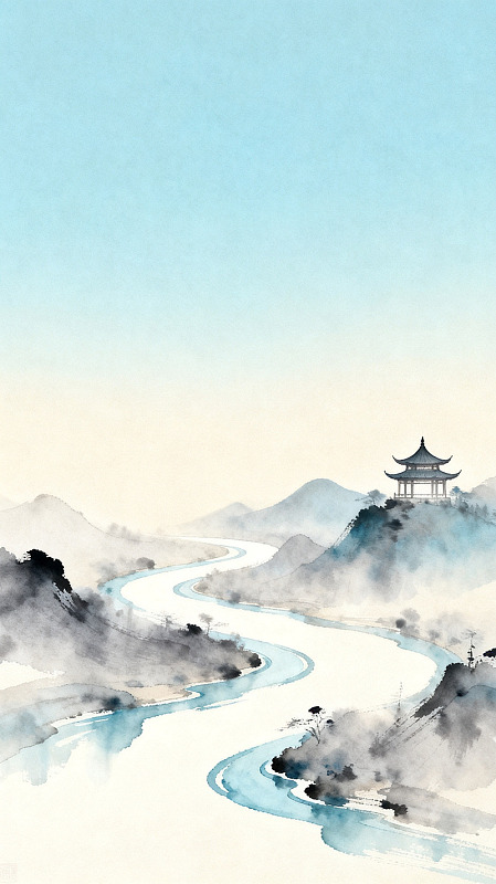 水墨山水亭台风景画