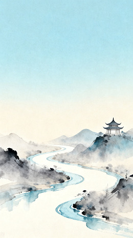 水墨山水亭台风景画