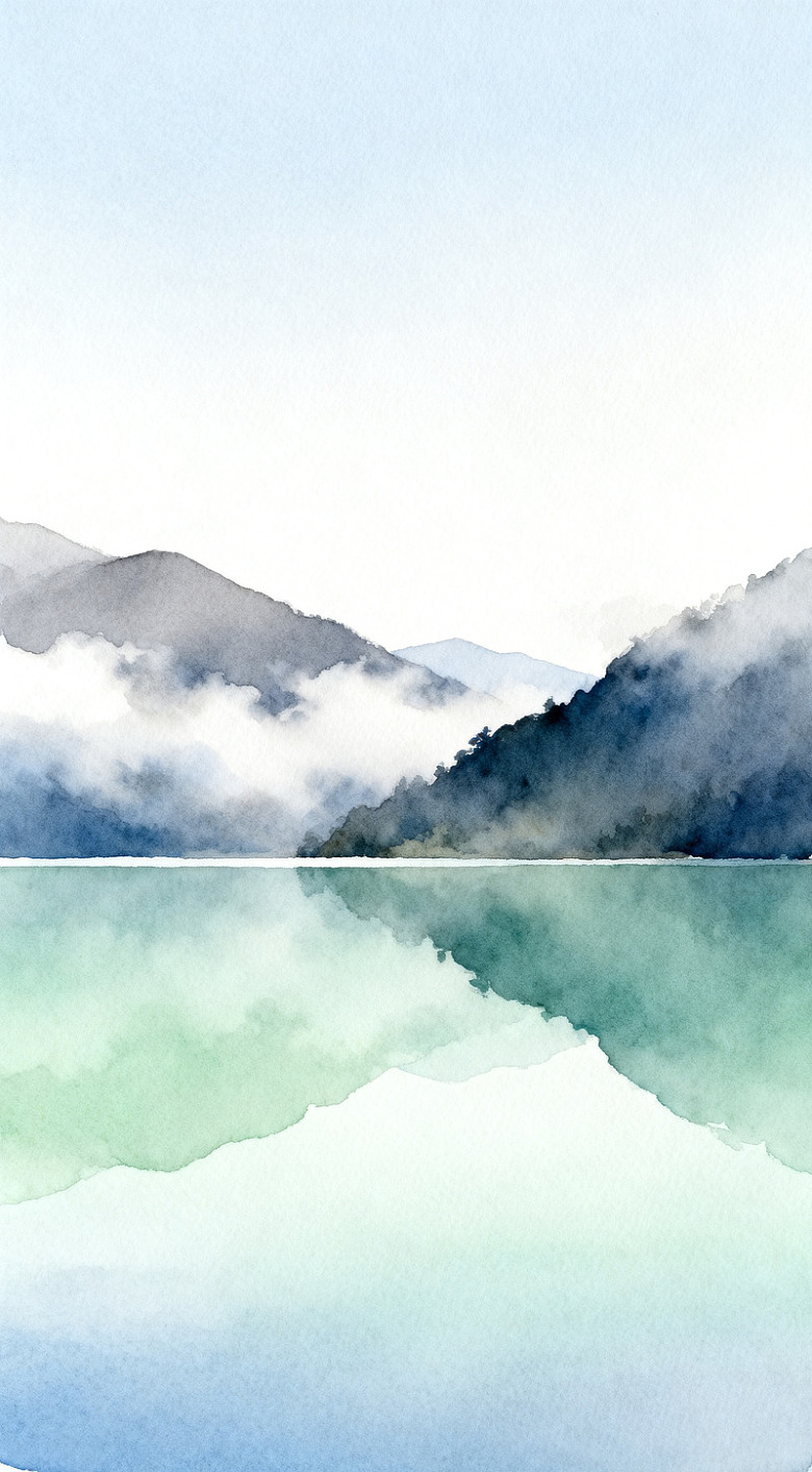 水彩山水云雾湖面美景