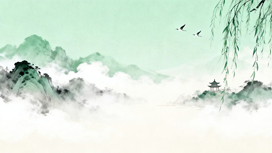 水墨山水亭台飞鸟图