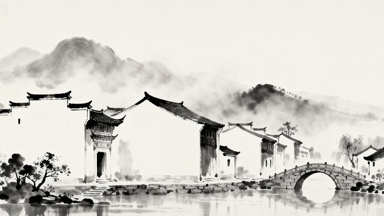 水墨江南古镇风光国画