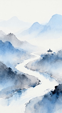 山水水墨画亭台楼阁风景画