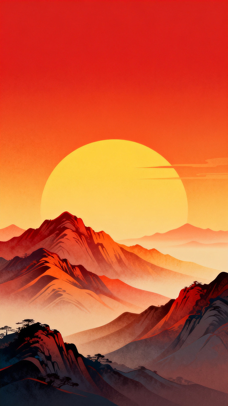 夕阳山峦水彩画
