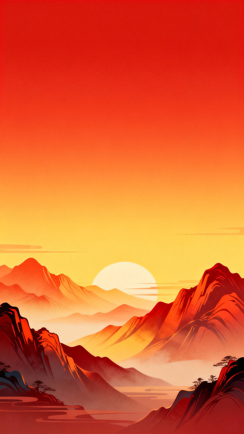 夕阳山水插画