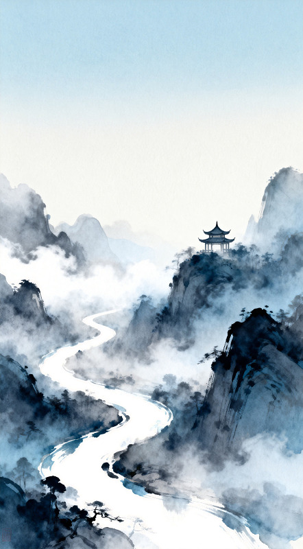 水墨山水亭台楼阁风景画