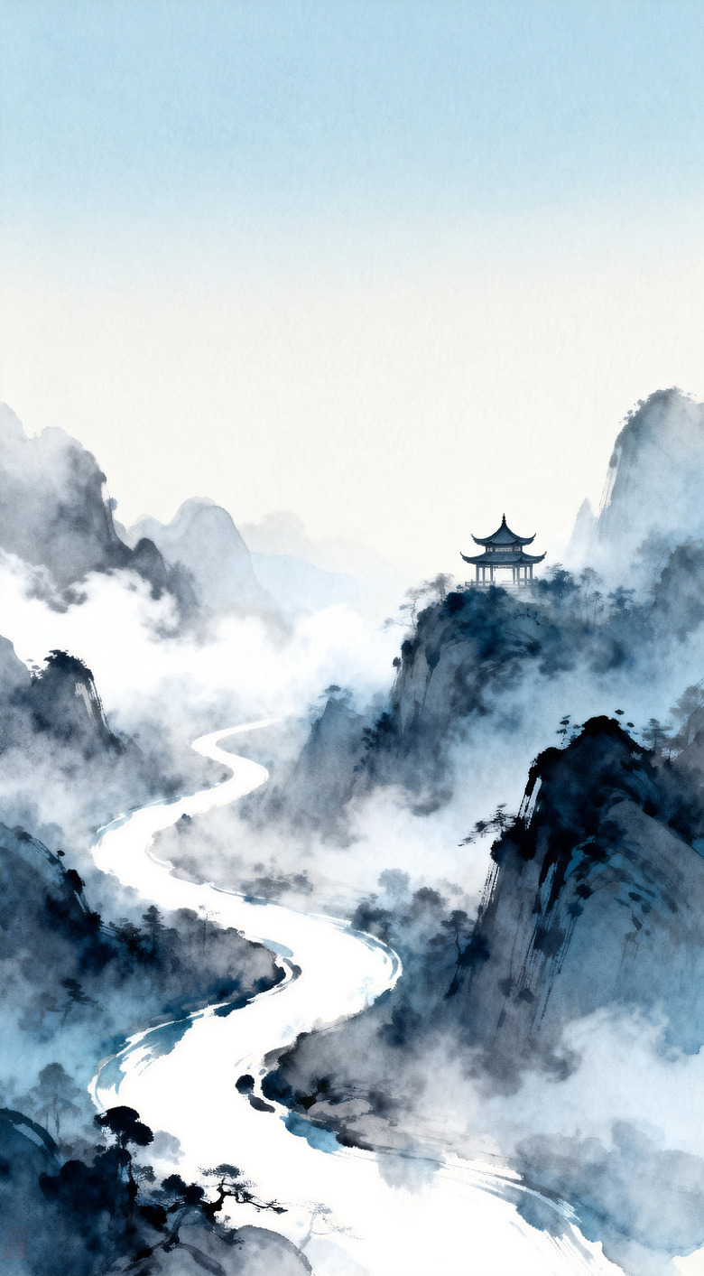 水墨山水亭台楼阁风景画
