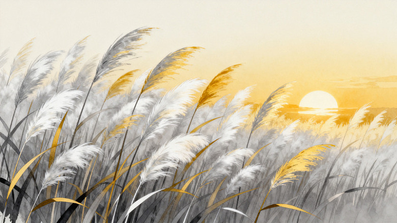 芦苇日落风景水彩画