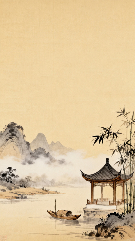 古风水墨山水亭阁风景画