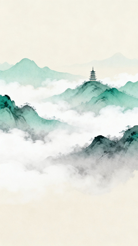 水墨山水宝塔风景画