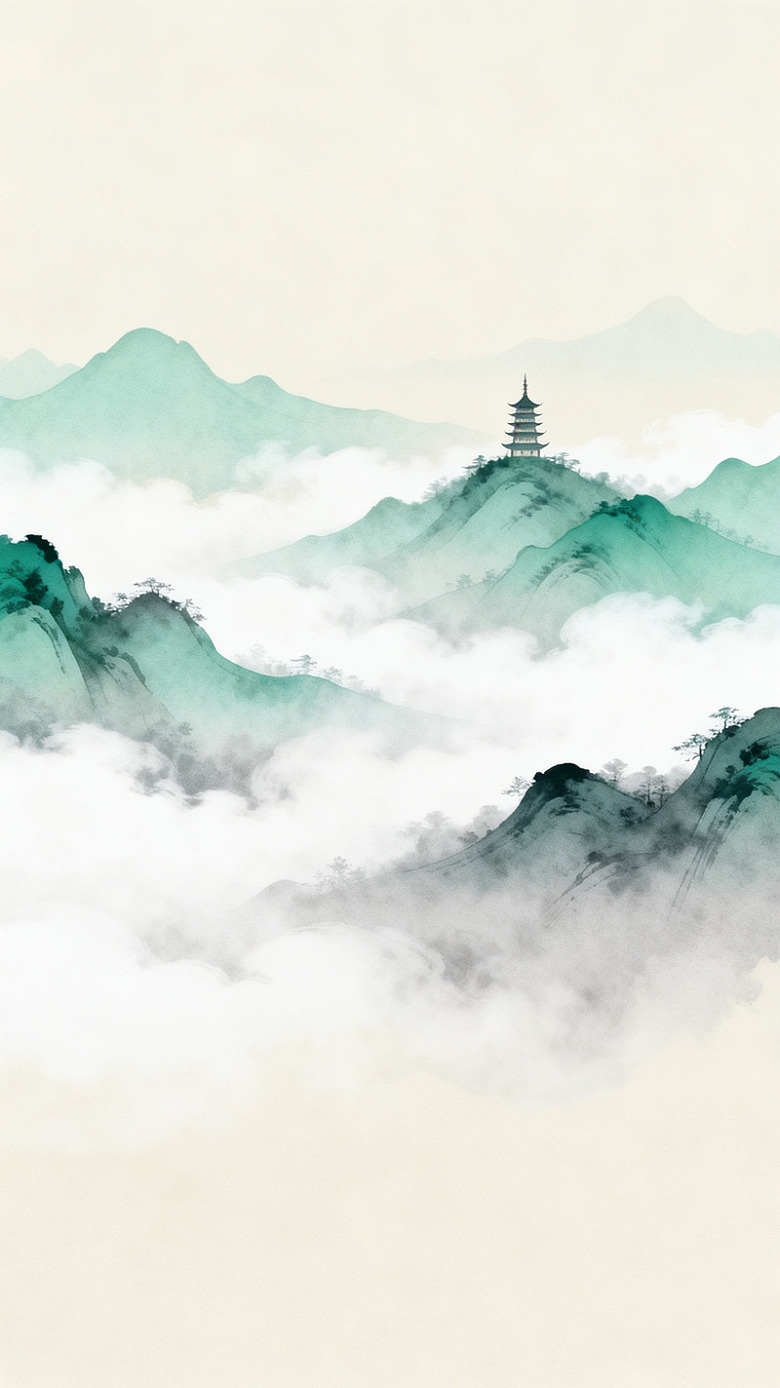 水墨山水宝塔风景画