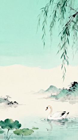 中国风水墨天鹅山水画