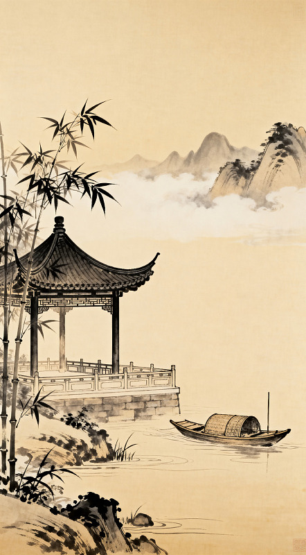 水墨山水亭阁渔船图