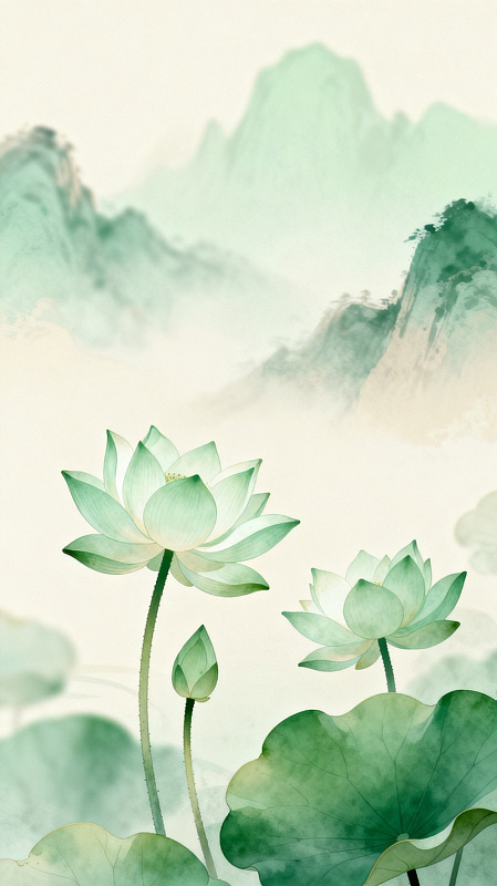 水墨荷花山水画意境图