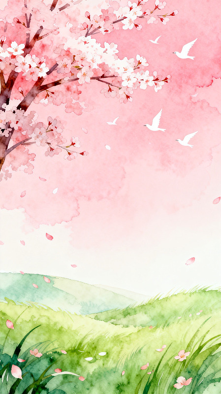 水彩樱花飞鸟春天景观
