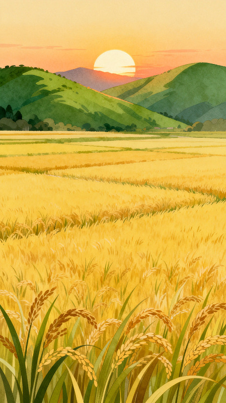 田园风光稻田日落插画