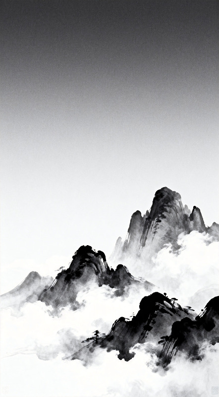 水墨山水画云雾缭绕山峦