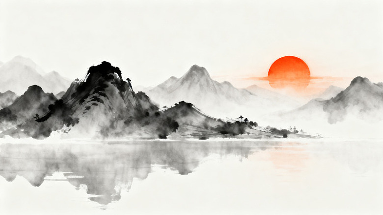 水墨山水画日落风光
