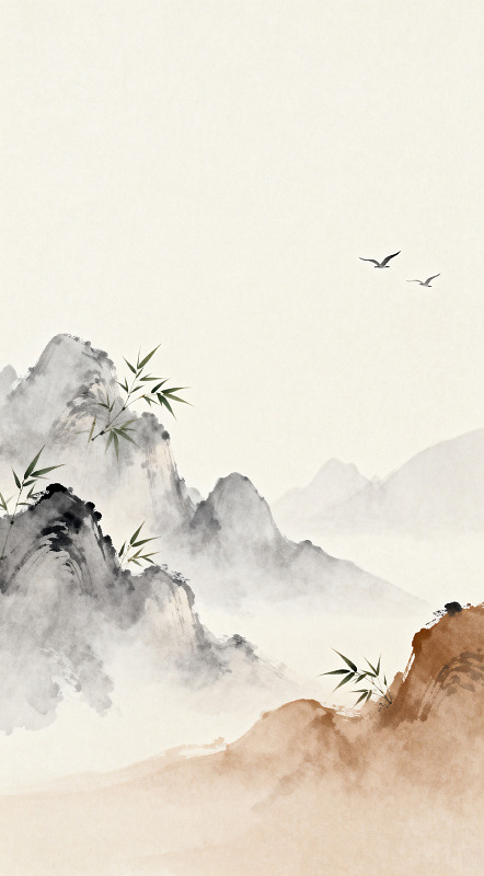 水墨山水竹林飞鸟国画
