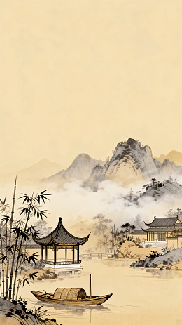 水墨山水亭阁风光国画