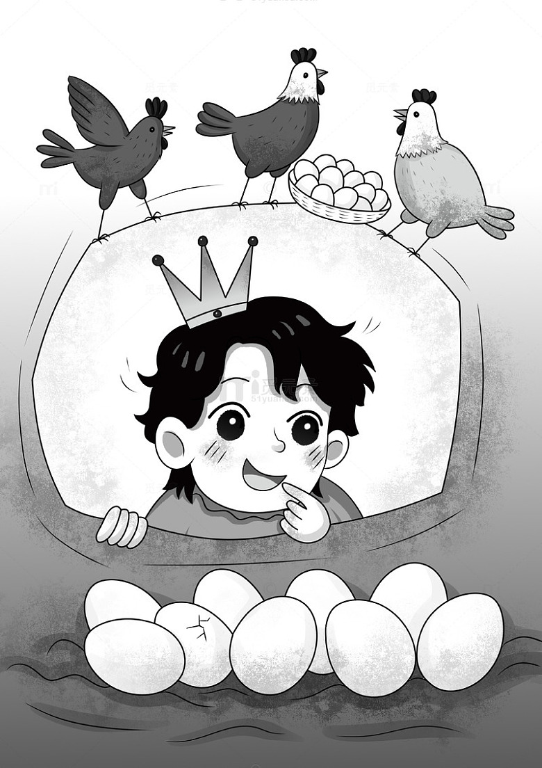 戴皇冠小孩与鸡和蛋画面儿童插画