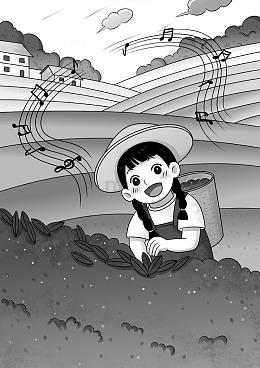 田间少女欢唱劳作图景儿童插画