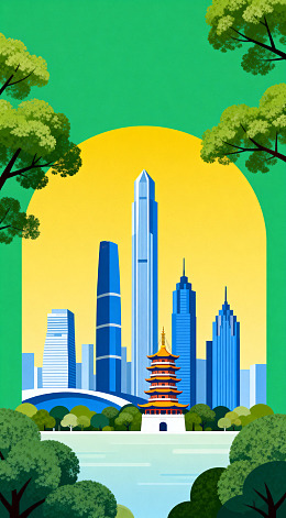 现代城市传统建筑插画