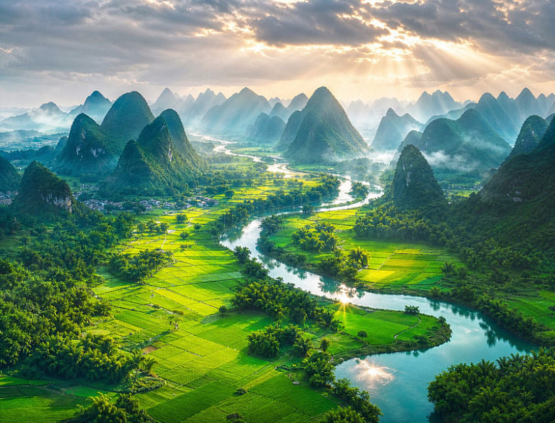 山水画风喀斯特地貌河流风景设计素材