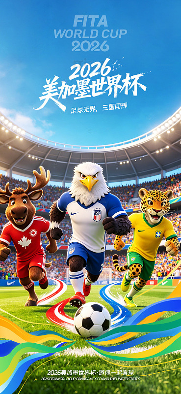 卡通风2026美加墨世界杯足球赛事宣传
