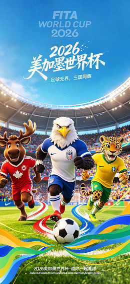 卡通风2026美加墨世界杯足球赛事宣传
