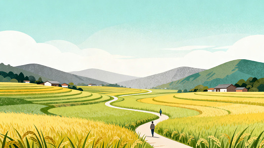 插画风田园风光稻田小径设计素材