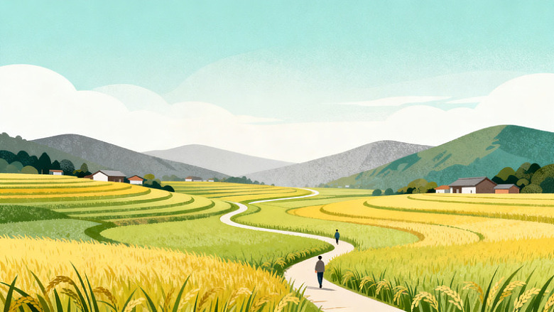 插画风田园风光稻田小径设计素材