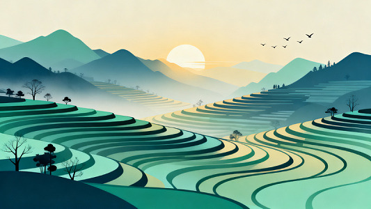 插画风梯田日出山水风景设计素材