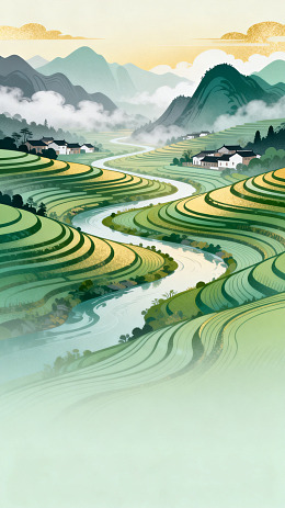国风山水田园梯田插画设计素材