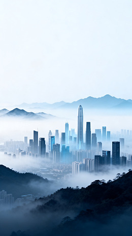 雾境城市天际线建筑素材